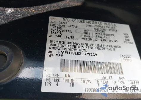 2003 Ford Expedition Eddie Bauer z USA, uszkodzony, nr VIN 1FMFU18L83LB79339